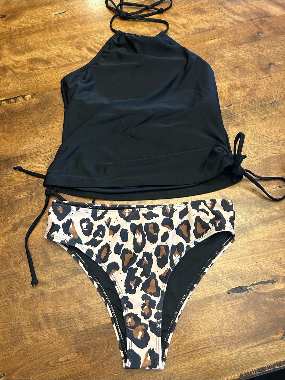 Women’s Black Halter Tankini Top with Leopard Print Bikini Bottom